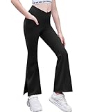 Zaclotre Girls' Flare Leggings with Split Hem Cross High Waist Yoga Bootcut Athletic Kid Bell Bottom Pants with Pockets Black