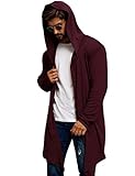 CARPLSU Mens Duster Cardigan Mens Long Cardigan Sweaters With Hood Men Long Fashion Hoodie Wine Red Xl