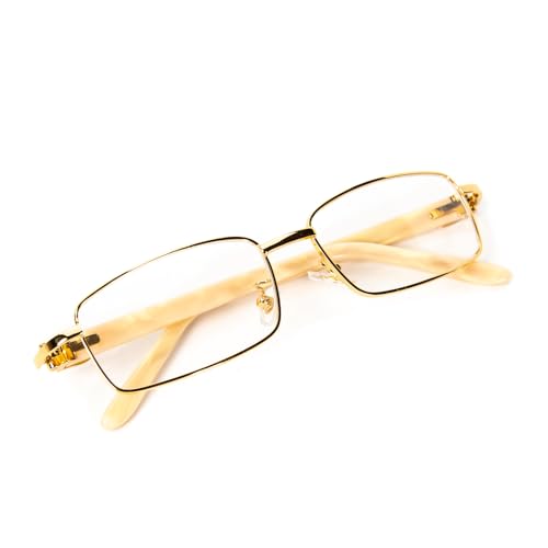 Image of Retro 90's Large Luxury Men's Classic Square Full Gold Frame Eye Glasses Vintage Tan Arm Rectangle Hip Hop Clear Lens Eye Glasses For Men