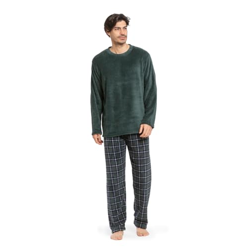 TRAMAS+ Pijama Hombre de Invierno, Pijama de Coralina con Manga Larga Polar y Pantalón Largo, Conjunto de Ropa para Dormir Cómodo y Calentito - XXL, Ruz Verde