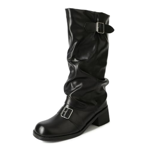 Image of Goolita Women's Buckle Biker Knee High Boots Square Toe Chunky Heel Star Moto Mid Calf Boots Slip On Motorcycle Riding Boot