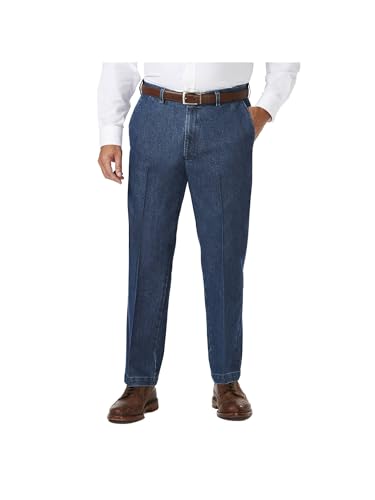 Image of Haggar mens Classic Fit Denim Trouser - Regular and Big & Tall Sizes Casual Pants, Medium Blue Wash, 46W x 29L US