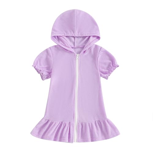 Image of Girls Swim Cover Up Kids Short Sleeve Swimsuit Coverups Terry Zip-Up Hoodies Beach Dress Ruffle Bathing Suit Wraps