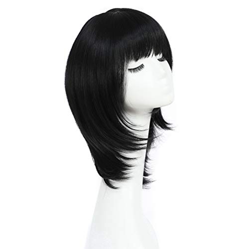COSYCODE Synthetic Wig with Bangs Short Black Wig with Layered Hair Ends Women Cosplay Wig Heat Resistant Halloween Party Wig Costume Color 1B