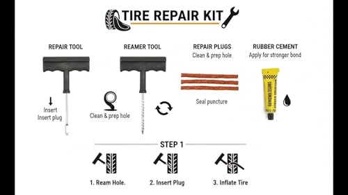 Image of Tubeless Tyre Puncture Repair Kit for Car, Bike, Cycle | Heavy Duty T-Handle Tools | Tire Plug Kit with Rubber Cement & Repair Strips | Emergency Tool Set | Puncher
