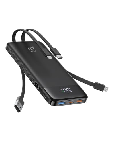 Charmast Power Bank, caricabatterie portatile da 22,5 W con 4 cavi integrati, ricarica rapida, batteria da 20000 mAh con 6 uscite, 4 ingressi, powerbank USB-C per iPhone serie 16/15/14, AirPods