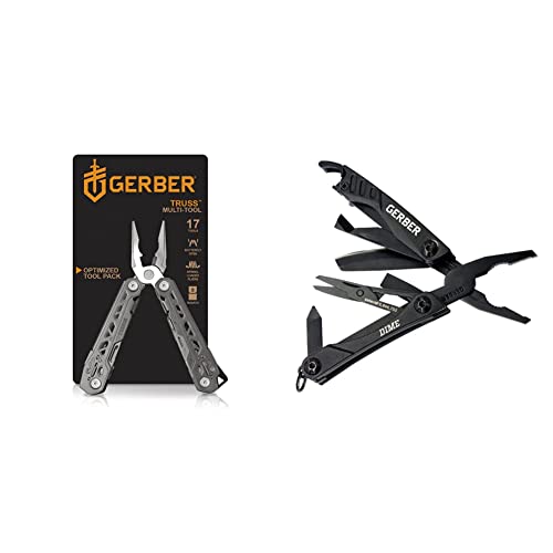 Gerber Gear Truss Multitool with 17 Tools, 4.35â Closed (30-001343N) & 30-000469N 12-in-1 Dime Multitool Mini, Needle Nose Pliers Pocket Knife Keychain, Bottle Opener, EDC Gear, Black