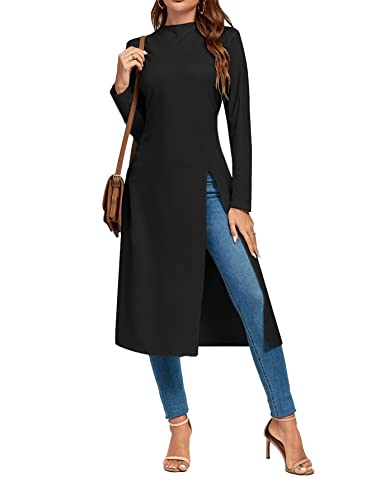 Vrtige Women's Mock Neck Long Sleeve Split Slit Hem Longline Shirt Blouse Tunic Top Black# Medium #TOP4