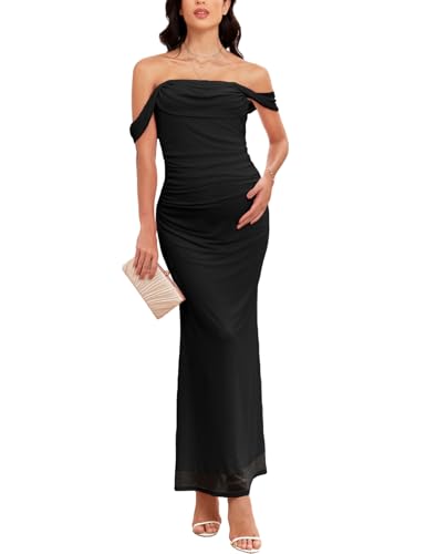 AISWI Women's Maternity Off The Shoulder Maxi Dress Mesh Ruched