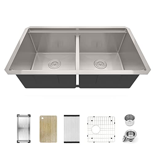 Sinber 33" Undermount Double Bowl 16 Gauge 304 Stainless Steel Workstation Farmhouse Apron Kitchen Sink With Accessories (33" X 19" X 10" Workstation) #TOP7