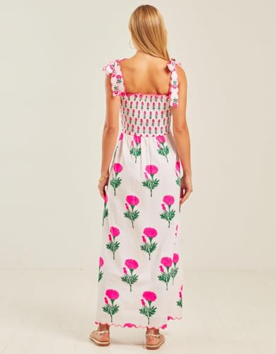 Image of Women Y2k Boho Maxi Dress Tie Shoulder Backless Strappy Tiered Flowy Dress 2024 Summer Floral Beach Sundress