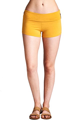 Hollywood Star Fashion Women's Solid Plain Basic Color Yoga Fold Over Waist Shorts Pants Fitness Work Out (Large, Mustard)