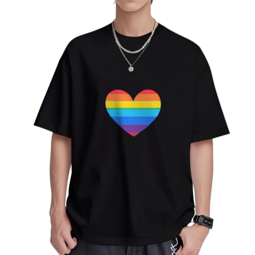 T-shirt unisexe manches courtes coton imprimé cœur rayé arc-en-ciel 230g