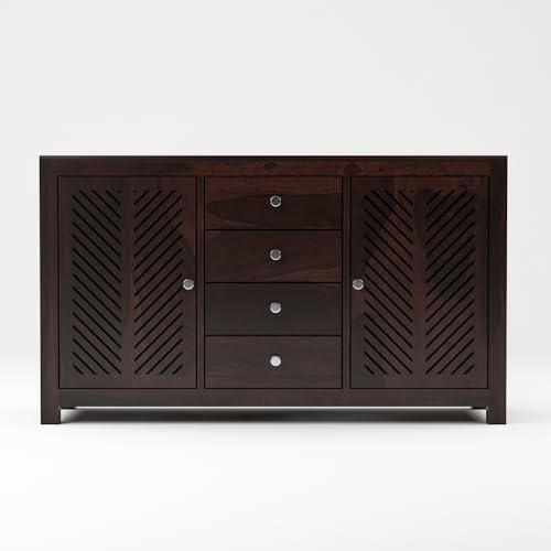 Image of Solid Sheesham Wood Wooden Sideboard Storage Cabinet : Ideal for Living Room and Bedroom with 4 Drawers and 4-Shelf Storage ((Ferna, Walnut Finish)