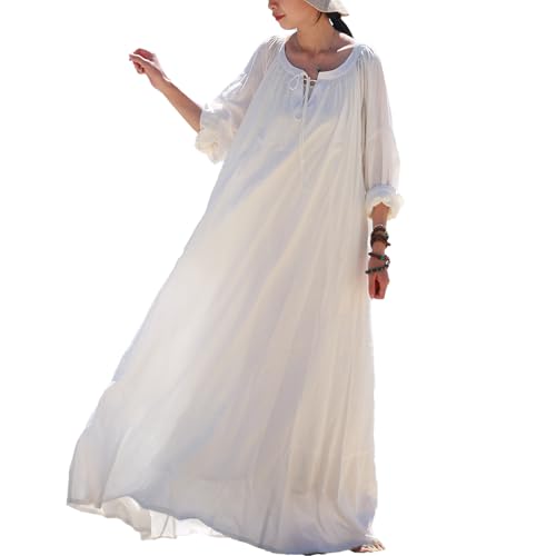 LZJN Women's Elegant Long Sleeve Maxi Dress Cotton Linen Casual Loose Soft  Beach Dress with Pockets (US, Alpha, Medium, Regular, Regular, White) at  Amazon Women's Clothing store