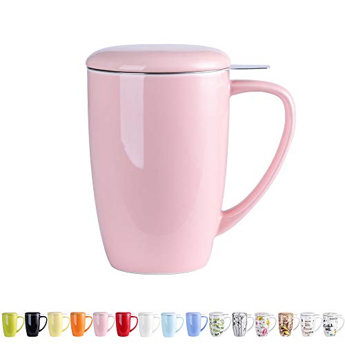 LOVECASA Tazas de Té con Tapa y Filtro Acero inoxidable 450 ML, Tisana de Porcelana Rosa