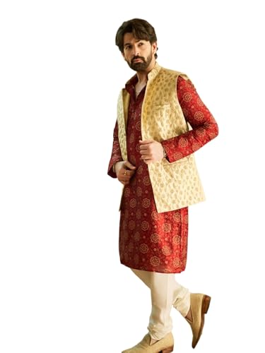 Image of SOJANYA (Since 1958 Men's Silk Blend Printed Maroon Kurta & Beige embroidery Nehru Jacket With Off White Churidar Pyjama