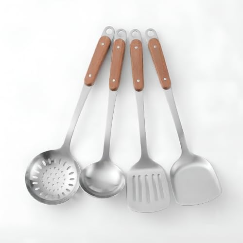Image of Stainless Steel Slotted Turner Spatula, Professional Food Turner Flipper with Heat Resistant Wooden Handle (A-Ladle+PlainSpatula+SlottedSpatula+Skimmer)