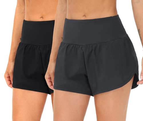 THE GYM PEOPLE 2 Pack Women's High Waisted Running Shorts with Zipper Pockets Liner Quick Dry Athletic Workout Shorts