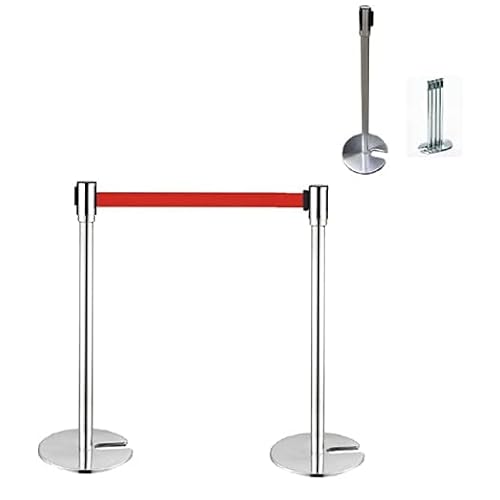DSM TM 2 Crowd Control Stanchions Stand (Red Belt) Queue Line Post Barrier Stackable Space Saver Polish Chrome Steel Retractable Red Belt