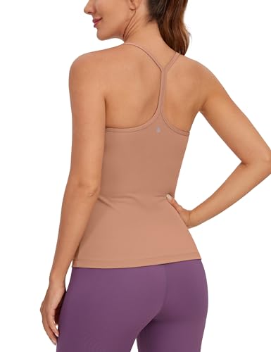 CRZ YOGA Butterluxe Womens Racerback Tank Top with Built in Bra - Spaghetti Thin Strap Padded Workout Slim Yoga Camisole Mocha Mousse X-Small