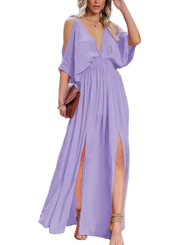DEEP SELF Women's Summer V Neck Split Cold Shoulder Wedding Guest Long Dress Flowy Short Sleeve Backless Maxi Dress Purple