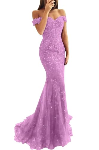 Tulle Long Prom Dresses Off The Shoulder Mermaid Dress with Elegant Laces Appliques Formal Evening Party Gowns