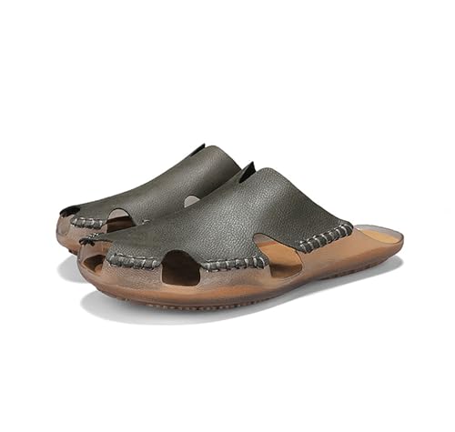 Mens Leather Slides Sandals Summer Comfort Footwear Soft Non Slip PVC Sole Hand Stitched Seam Stylish