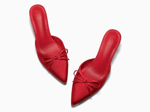 Image of Coutgo Womens Kitten Heels Mules with Bow Satin Slip on Pumps Closed Pointed Toe Dress Wedding Party Shoes