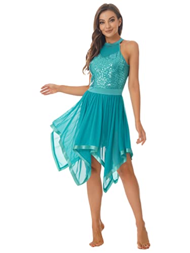 iiniim Damen Ballettkleid Ballettanzug Pailletten Tanzkleid mit Asymmetrisch Rock Ballett Trikot Gymnastik Turnanzug S-XL A Grün M