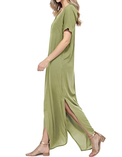 Image of Match Women's V-Neck Casual Loose Short Sleeve Long T-Shirt Dress Split Maxi Dress with Side Pocket