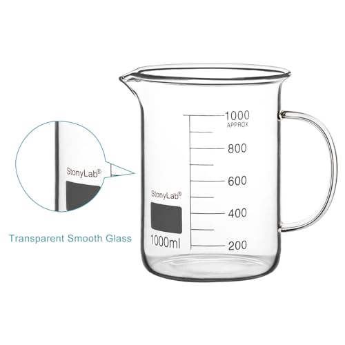 Image of stonylab Glass Beaker with Handle, Borosilicate Glass Graduated Low Form Griffin Beaker with Handle and Pouring Spout, 1000 ml