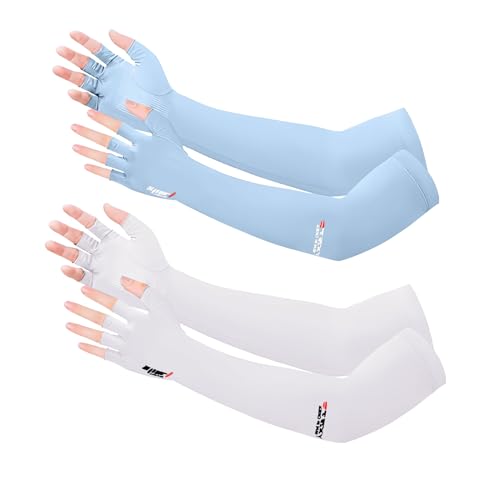 Qeedy 2 Pairs UV Protection Gloves - Non Slip Sun Protection Glove Sunblock Gloves Summer Outdoor Fishing Driving Gloves for Women (Light Blue White)
