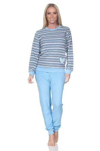 Normann Damen Frottee Schlafanzug mit Bündchen Pyjama mit Herzmotiv - auch in Übergröße, Farbe:blau, Größe:40-42