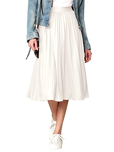 Made By Johnny WB2371 Women's High Elastic Waist Pleated Mid A-Line Swing Skirt M White