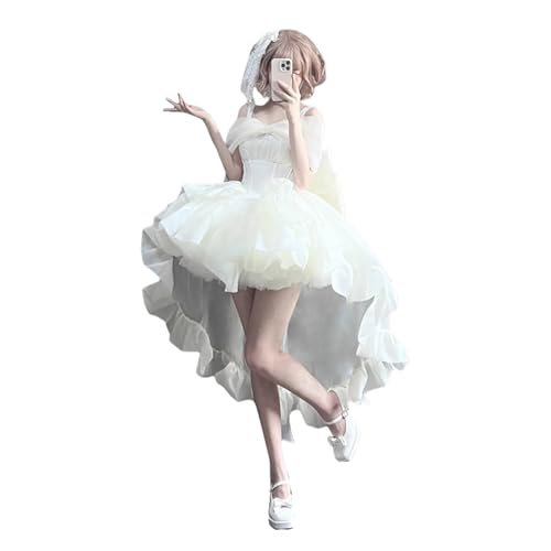 [ボズとガルヤ] 花嫁 ワンピース 長い裾ロリータ 姫 オフショルダードレス 蝶結び ロングトレーン 姫袖 透け感 ゆめかわいい 宮廷風 洋服 森ガール レース ロング丈 お嬢様 仮面舞踏会 お茶会 イベント 結婚式