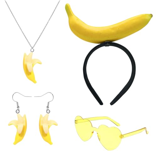 UILYNIU 4 Pezzi Set di Costume Banana Travestimento da Banana Donne Tiara di Banana Occhiali da Sole Collana Banana Orecchini Banana Accessori per Hawaiian Carnevale Costume Frutta Party (4 Pezzi)