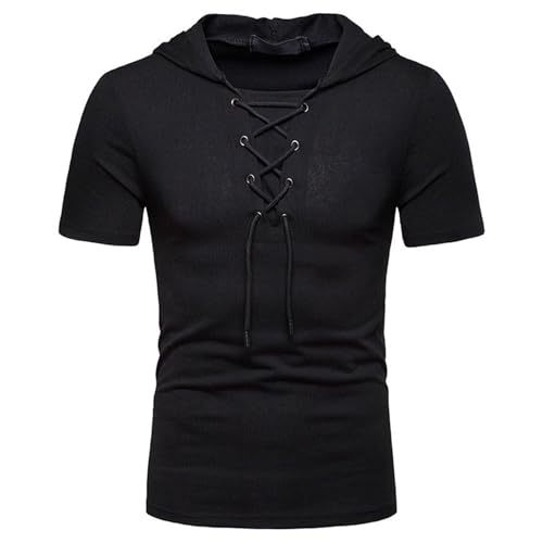 Mens Hooded Hippie Shirt Hip Hop Streetwear Breathable Short Sleeve Lace up Pullover Renaissance Viking Top Black