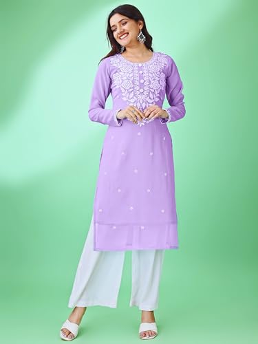 Image of HESVI Women's Georgette White Lakhnavi Chikankari Kurti with Intricate Embroidery Work