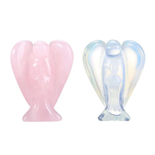 Crystaltears Healing Crystal Guardian Angel Figurine Hand Carved Rose Quartz Opalite Crystals Gemstone Pocket Angels Statue For Meditation Peace Protective Home Decor 1.5" #TOP11