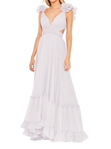 Chiffon Ruffle Prom Dresses V Neck Long Bridesmaid Dresses for Women Backless A Line Formal Evening Gowns