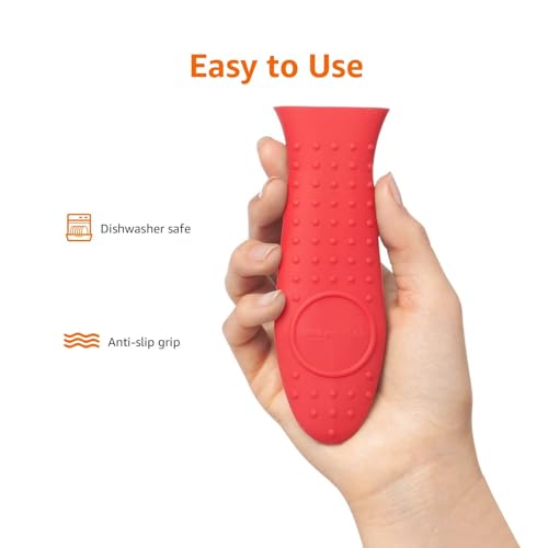 Amazon Basics Heat Resistant Non-Slip Silicone Hot Handle Holder, Rectangular Pot Handle Cover for Kitchen, Insulating Protection, Red, 5.6" L x 1.9" W (Pack of 2) view 2