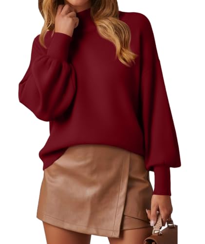 Image of WEACZZY Women's Sweater Mock Neck Long Lantern Sleeve Lightweight Knit Tops