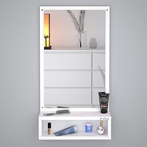 Image of Anikaa Jinny Decorative Wall Hanging Mirrors with Shelf for Dressing Table Bedroom Living Room (White) Matte Finish, Unframed, Engineered Wood, Rectangular