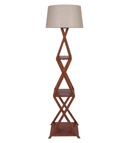 Image of XXX Modern Wooden Metal Floor Lamp with 3-Tier Storage Shelves - Geometric Cross-Frame Standing Lamp for Living Room & Bedroom - Tall Decorative Display Shelf Light with Shade