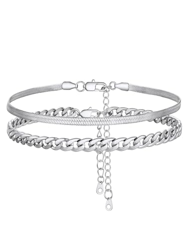 Image of FOCALOOK Anklet Bracelets Set for Women, 14K Gold Plated Waterproof Cuban Link Chain Layered Anklets Set for Plus Size Ankle 8-10.5 Inch Adjustable Summer Beach Jewelry Gift