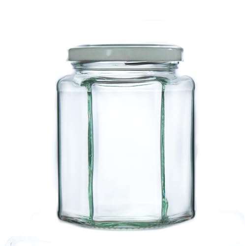 340g (280ml) Hexagonal Glass Jam Jars - Marmalade, Honey hex Jar (White Lid, Pack of 12)