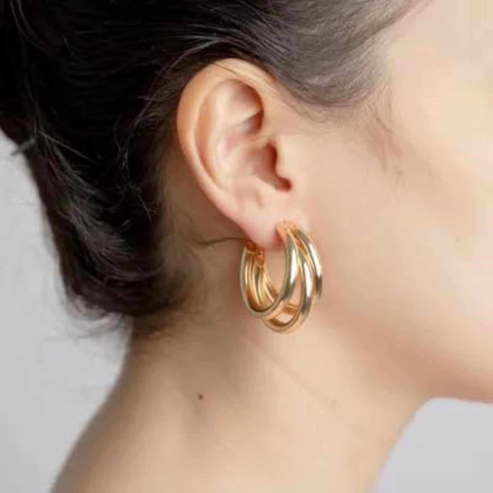 Women's Gold Plated Chunky Triple Hoop Earrings Set