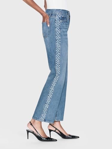 Women's Pearl Beaded Straight Wide Leg Jeans High Waisted Ankle Length Denim Pants2