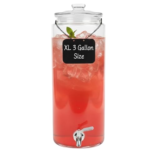 3 Gallon Glass Beverage Dispenser with Stand & Spigot – Large Drink Dispenser for Parties, Juice, Water, Iced Tea, Sangria, Punch, Cocktails